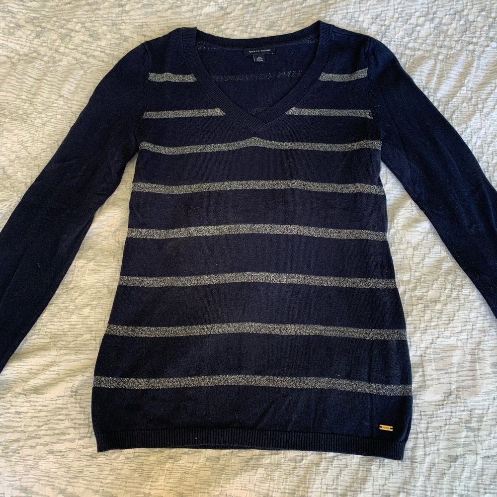 Tommy Hilfiger V Neck Sweater Blue with Shimmery Silver Stripes